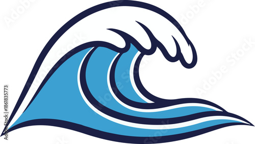 A minimalist vector graphic of a light blue cresting wave with bold navy outlines and white foam accents, conveying fluid motion and a clean, modern coastal aesthetic.