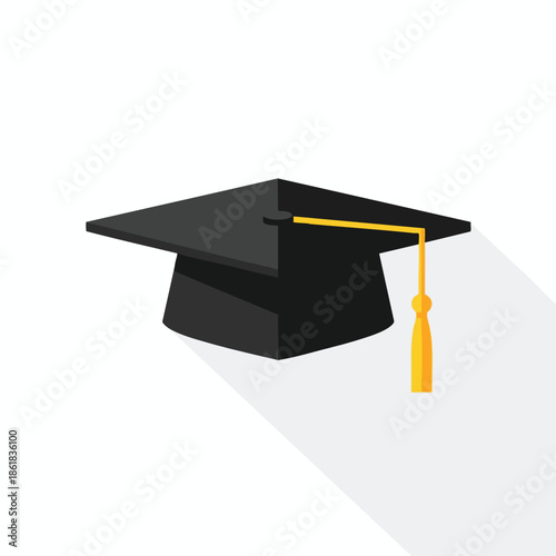 Flat illustration of a black graduation cap with gold tassel and shadow