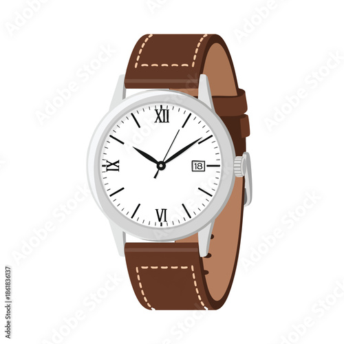 Vector illustration of a wristwatch with a white dial, roman numerals, and leather band