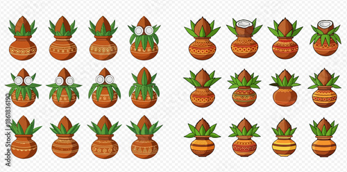 Set of traditional Indian Kalash pots with coconuts and mango leaves for religious ceremonies.