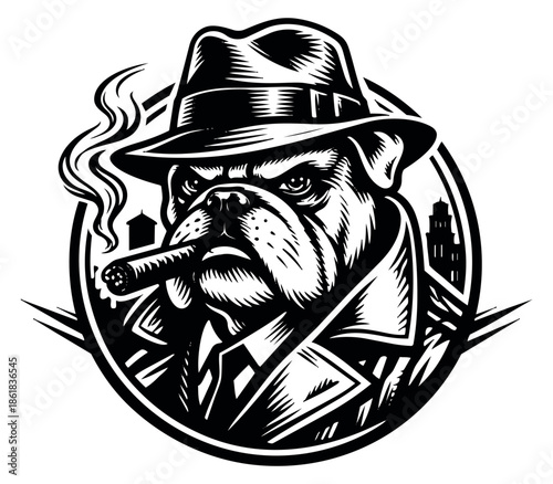 Line art illustration of a bulldog in a fedora depicting smoking a cigar for a retro design