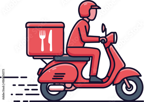 Vibrant red vector illustration of a delivery person on a scooter, featuring a thermal food box with cutlery icons. Clean line art showing speed and efficient food transport.
