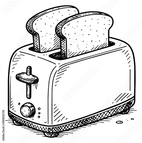Hand drawn line art illustration of a toaster depicting two slices of bread inside it for breakfast