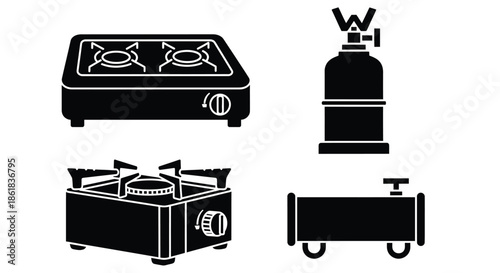 A set of black and white icons depicting various gas stoves and cylinders