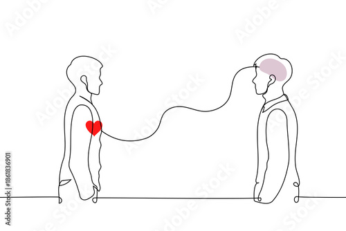 men standing opposite each other, with a wavy line connecting the heart - continuous drawing. Empathy, emotional intelligence, different approaches, psychological understanding