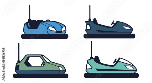 A colorful illustration of four bumper cars in different colors and designs