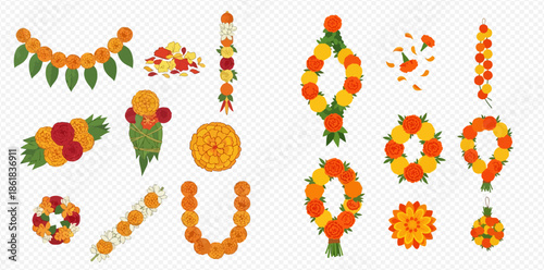 Set of Marigold and Mango Leaf Garlands for Indian Festivals and Celebrations.