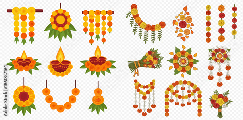 Set of traditional Indian flower garlands and oil lamps for festivals and celebrations.