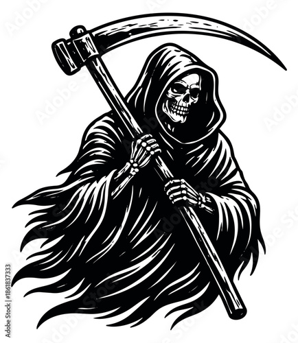 Hand drawn illustration of grim reaper depicting a hooded skeleton holding a scythe for halloween projects