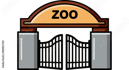 A cartoon illustration of a zoo entrance gate with a sign