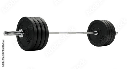Heavily loaded olympic barbell with black rubber plates on a white studio background with copy space concept of power and fitness commitment