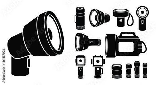 A collection of various camera lenses and flashlights on a white background