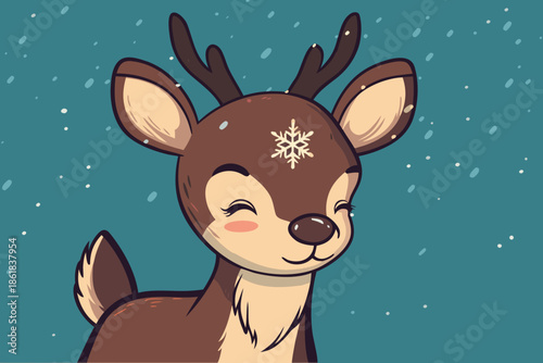 Baby deer standing under falling snow with a snowflake on its nose.