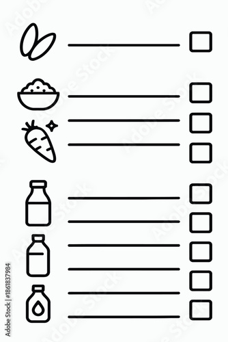  Indian Grocery List Template Vector – Printable Checklist with Staple Food Icons in Flat Minimal Style Isolated on White Background