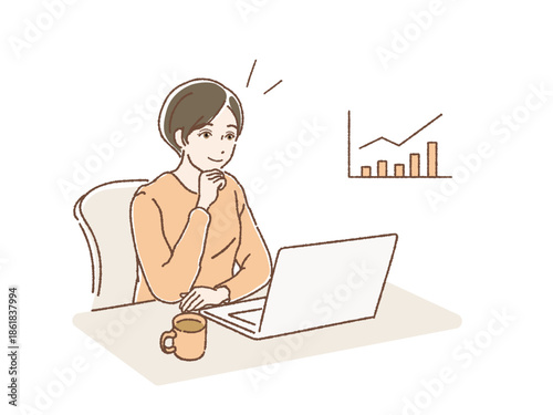 パソコンでチャートをみて微笑む女性