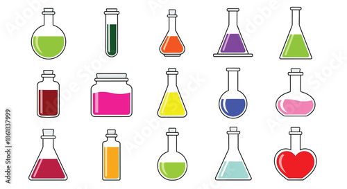A colorful illustration of various laboratory equipment with vibrant liquids
