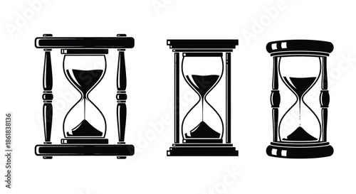 Three black and white hourglasses on a plain background