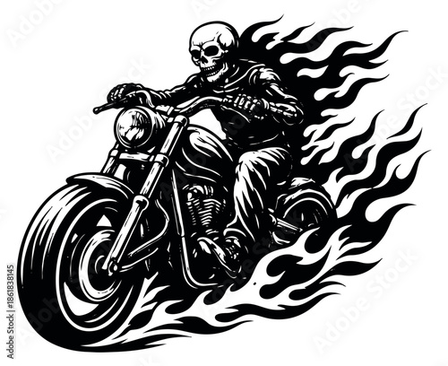 Bold line art illustration of a skeleton biker depicting a fiery ride on a motorcycle for merchandise designs