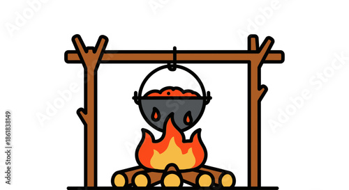 A cartoon illustration of a pot hanging over a campfire in the woods