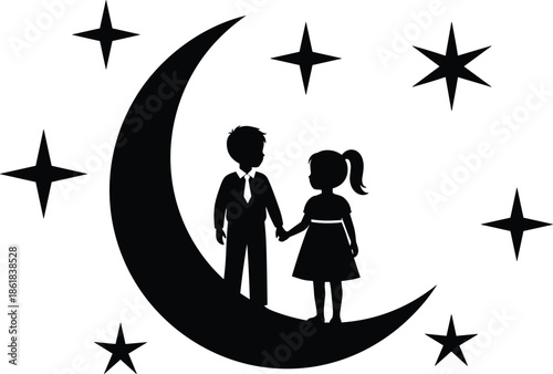 Romantic children silhouette standing on crescent moon with stars symbolizing love friendship dreams fantasy night illustration