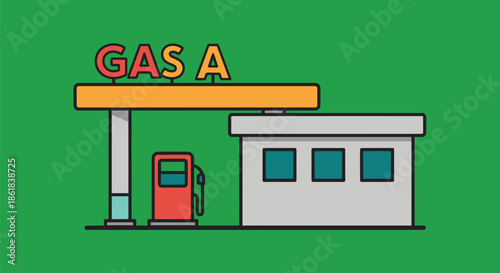 A cartoon illustration of a gas station with a red pump and building