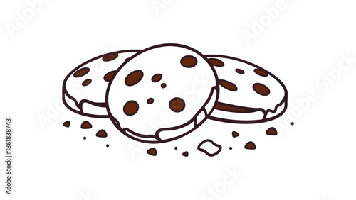 Delicious chocolate chip cookies piled together on a white background with crumbs