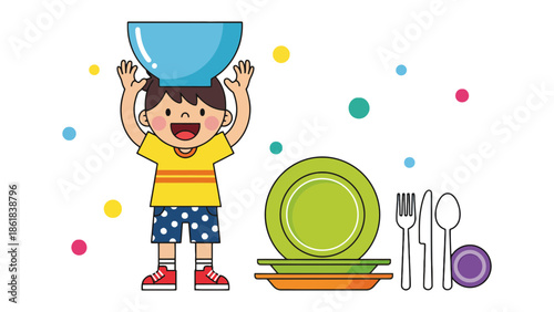 Joyful child balances bowl on head with colorful plates and cutlery nearby