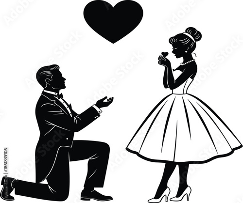 Romantic marriage proposal silhouette with kneeling man offering ring to elegant woman under heart symbol love engagement illustration