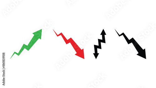 Graph arrows showing upward and downward trends in finance and market changes.