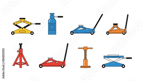 Collection of various car jacks and lifting equipment for vehicle maintenance