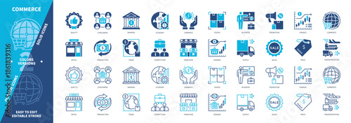 Commerce icon set. Consumers, Retail, Economy, Franchise, Supply, Demand, Banking, Promotion, Sale. Duotone color solid and editable outline icons