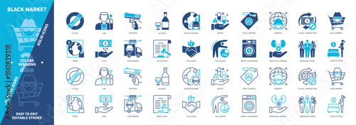 Black Market icon set. Illegal, Black Economy, Money Laundering, Alcohol, Prostitution, Contraband, Weapon, Drugs. Duotone color solid and editable outline icons