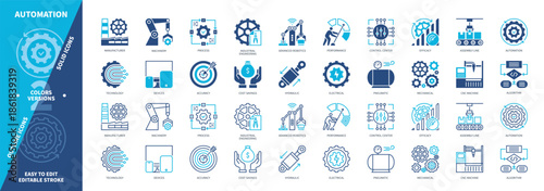 Automation icon set. Machinery, Equipment, Mechanical, Advanced Robotics, Performance, CNC Machine, Technology, Devices. Duotone color solid and editable outline icons