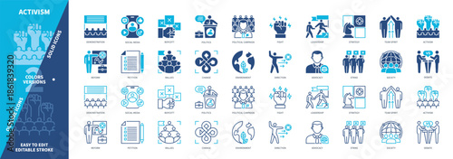 Activism icon set. Reform, Boycott, Strike, Petition, Advocacy, Demonstration, Change, Success. Duotone color solid and editable outline icons