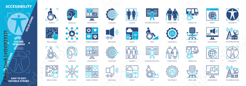 Accessibility icon set. Direct Access, Disability, Braille Signage, Disabled Car, Screen Reader, Elevator, Ramp, Accessible Publishing. Duotone color solid and editable outline icons