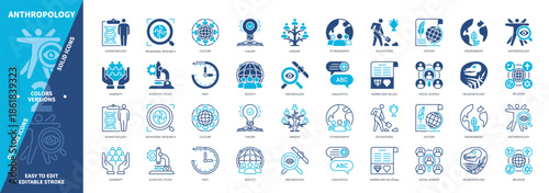 Anthropology icon set. Archaeology, Kinship, Excavations, Humanity, History, Past, Religion, Ethnography. Duotone color solid and editable outline icons