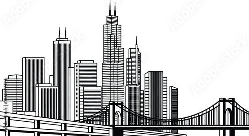 A black and white illustration of a city skyline with a bridge
