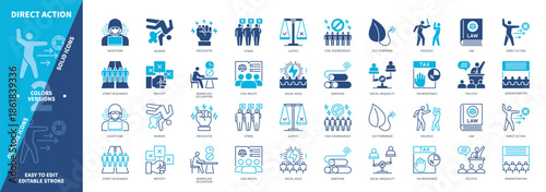 Direct Action icon set. Violence, Hacktivism, Strike, Sabotage, Murder, Encounter, Tax Resistance, Demonstration. Duotone color solid and editable outline icons