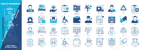 Health Insurance icon set. Sickness, Injury, Dentistry, Hospital, Help, Accident, Doctor, Cost. Duotone color solid and editable outline icons
