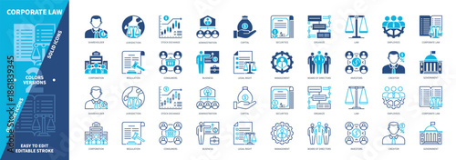 Corporate Law icon set. Regulations, Consumers, Jurisdiction, Investors, Corporation, Organize, Securities, Creditor. Duotone color solid and editable outline icons