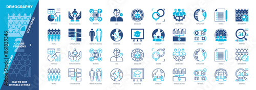 Demography icon set. Statistics, Census, Fertility, Gender, Population, Research, Labor Force, Ethnicity. Duotone color solid and editable outline icons
