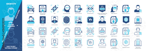 Identity icon set. Authentication, Personal Data, Iris Recognition, DNA, ID Card, Drivers License, Mobile Identity, Biometric Security. Duotone color solid and editable outline icons