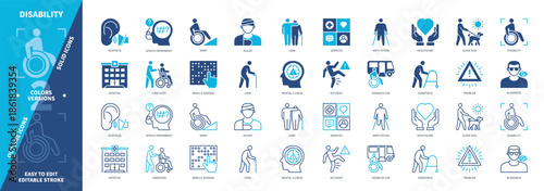 Disability icon set. Deafness, Mental Illness, Injury, Blindness, Guide Dog, Speech Impairment, Disabled Car, Ramp. Duotone color solid and editable outline icons