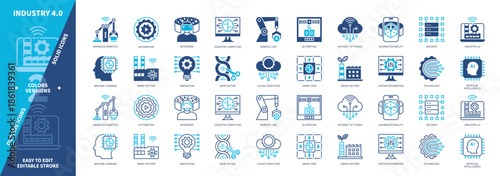 Industry 4.0 icon set. Automation, Metaverse, Augmented Realty, Gene Editing, Smart Factory, Smart Grid, Green Factory, Big Data. Duotone color solid and editable outline icons