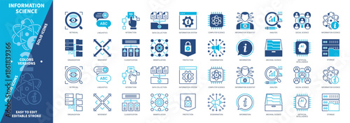 Information Science icon set. Classification, Organization, Linguistic, Movement, Dissemination, Analysis, Storage, Interaction. Duotone color solid and editable outline icons