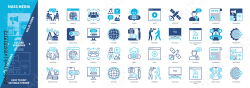 Mass Media icon set. Digital Media, Internet, Satellite, Television, Video, Journalism, Topics, Reporter. Duotone color solid and editable outline icons