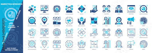 Marketing Research icon set. Sales, Vision, Behavior, Sociology, Distribution, Positioning, Consumers, Advertising. Duotone color solid and editable outline icons