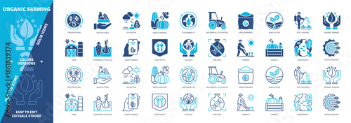 Organic Farming icon set. Ecology, Companion Planting, Agriculture, Green Manures, Mixed Cropping, Biotechnology, Farm, Crop Rotation. Duotone color solid and editable outline icons