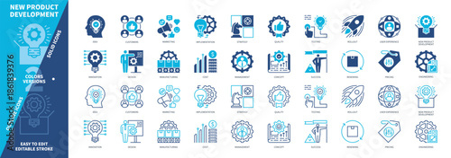 New Product Development icon set. Rollout, Design, Success, Manufacturing, Engineering, Pricing, Concept, Cost. Duotone color solid and editable outline icons
