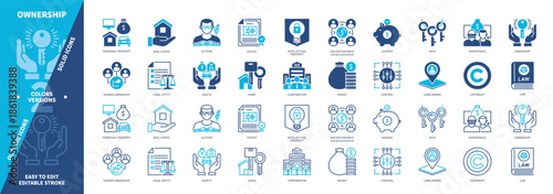 Ownership icon set. Inheritance, Savings, Real Estate, Personal Property, Home, Copyright, Author, Assets. Duotone color solid and editable outline icons